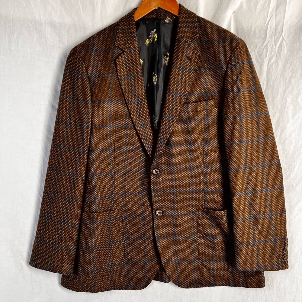 Q by Flynt Blazer Men Size 42R Bueller 100 Wool 2 Button Brown Plaid Sport Coat